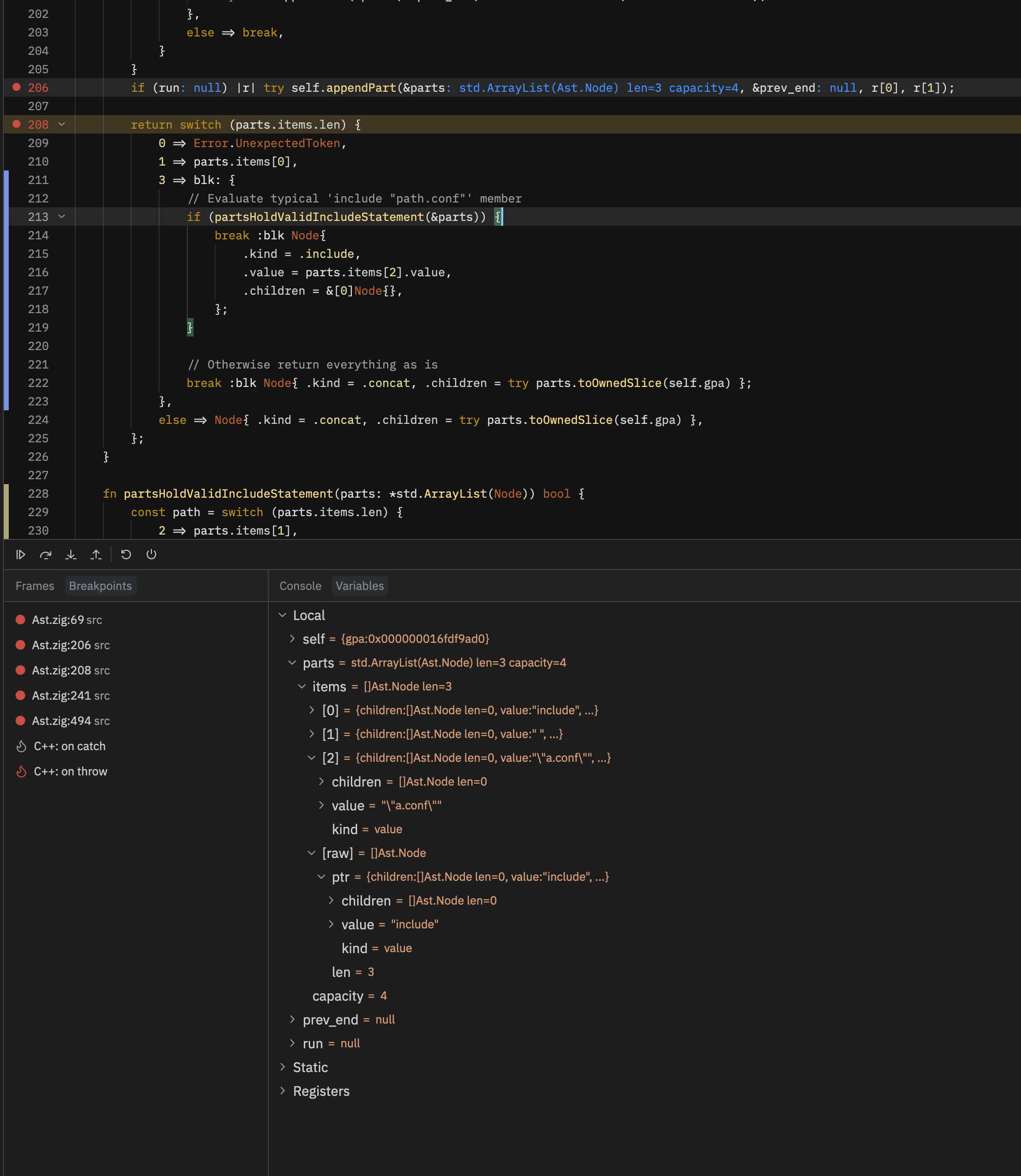 Debug session: breakpoints, stack, pretty-printed variables