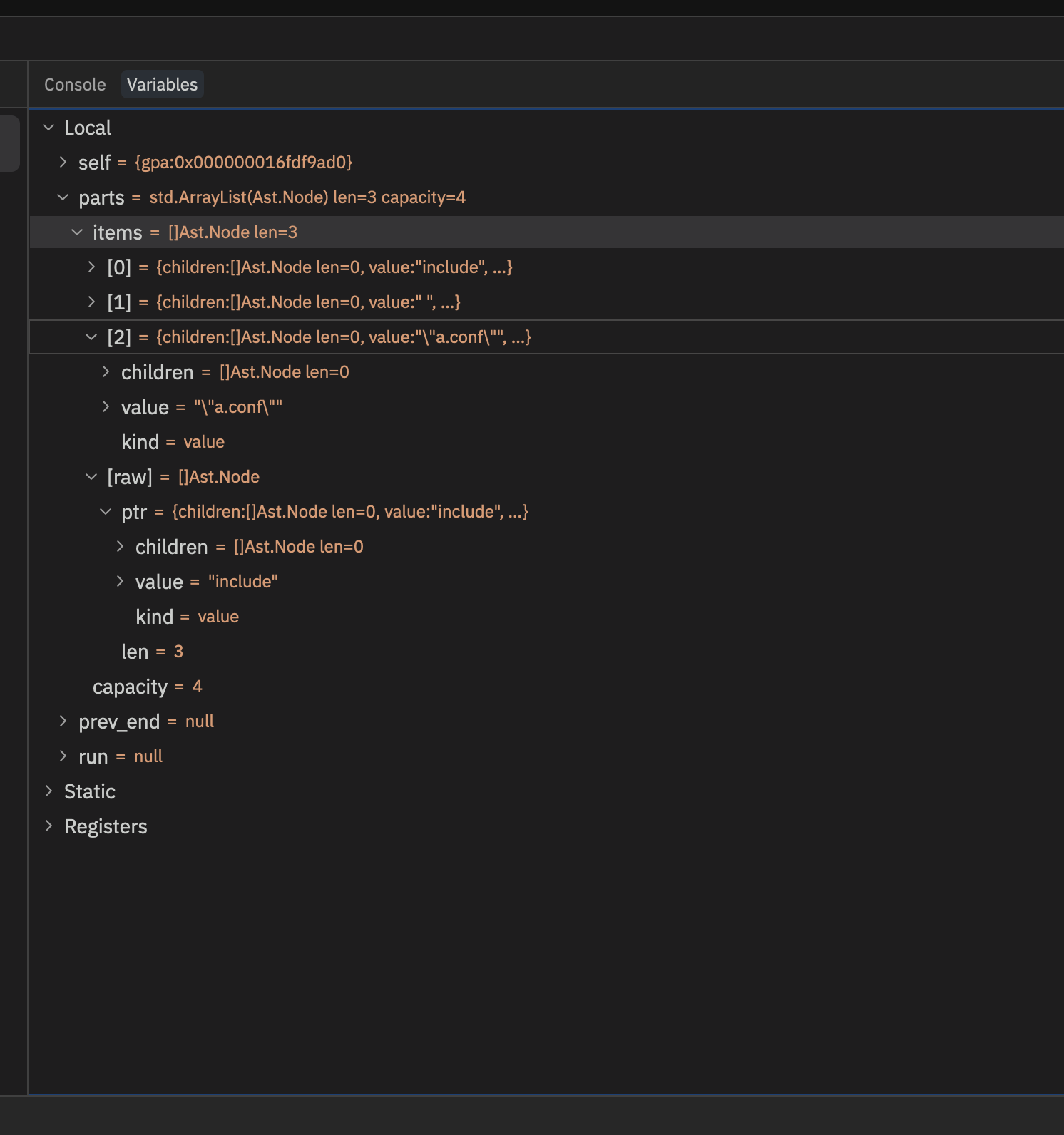 Variables panel after: structured ArrayList